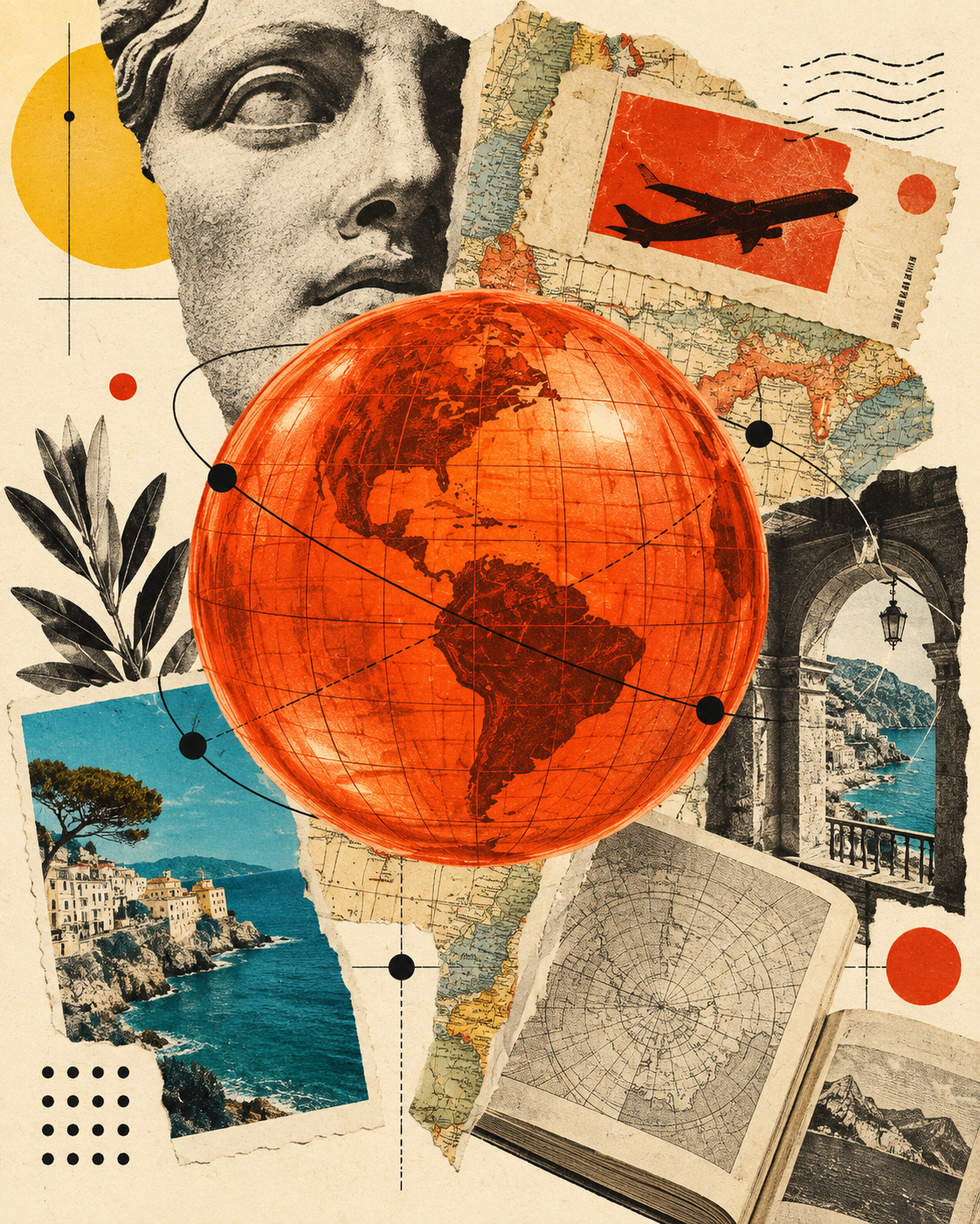 Colagem editorial com globo vermelho, mapas, arquitetura clássica e paisagem litorânea